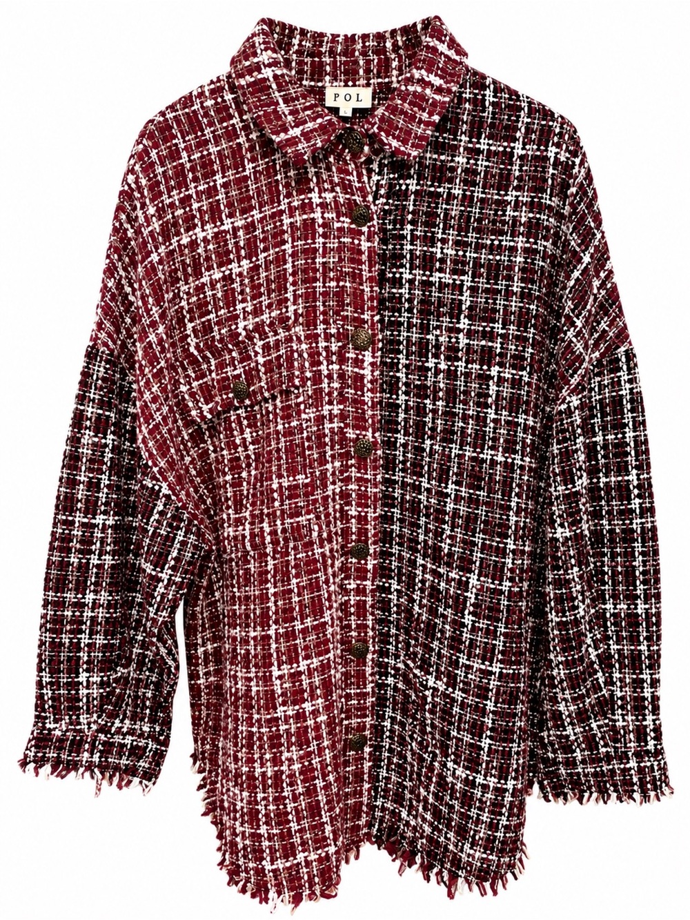 POL Tweed Colorblock Shacket Small Oversized Cranberry Black Fringe NWOT